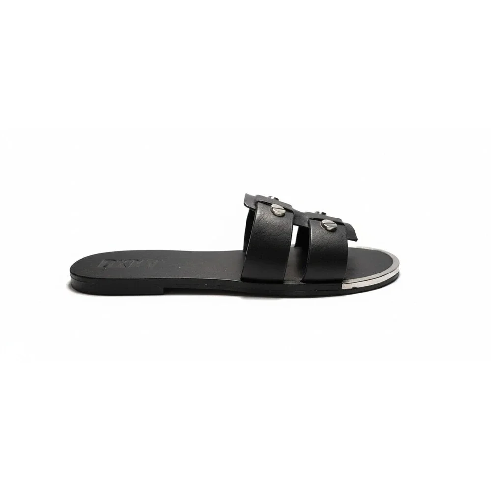 DKNY Glynn Black Leather Studded Slide Sandals Slip On Flats Womens Size 7.5 New